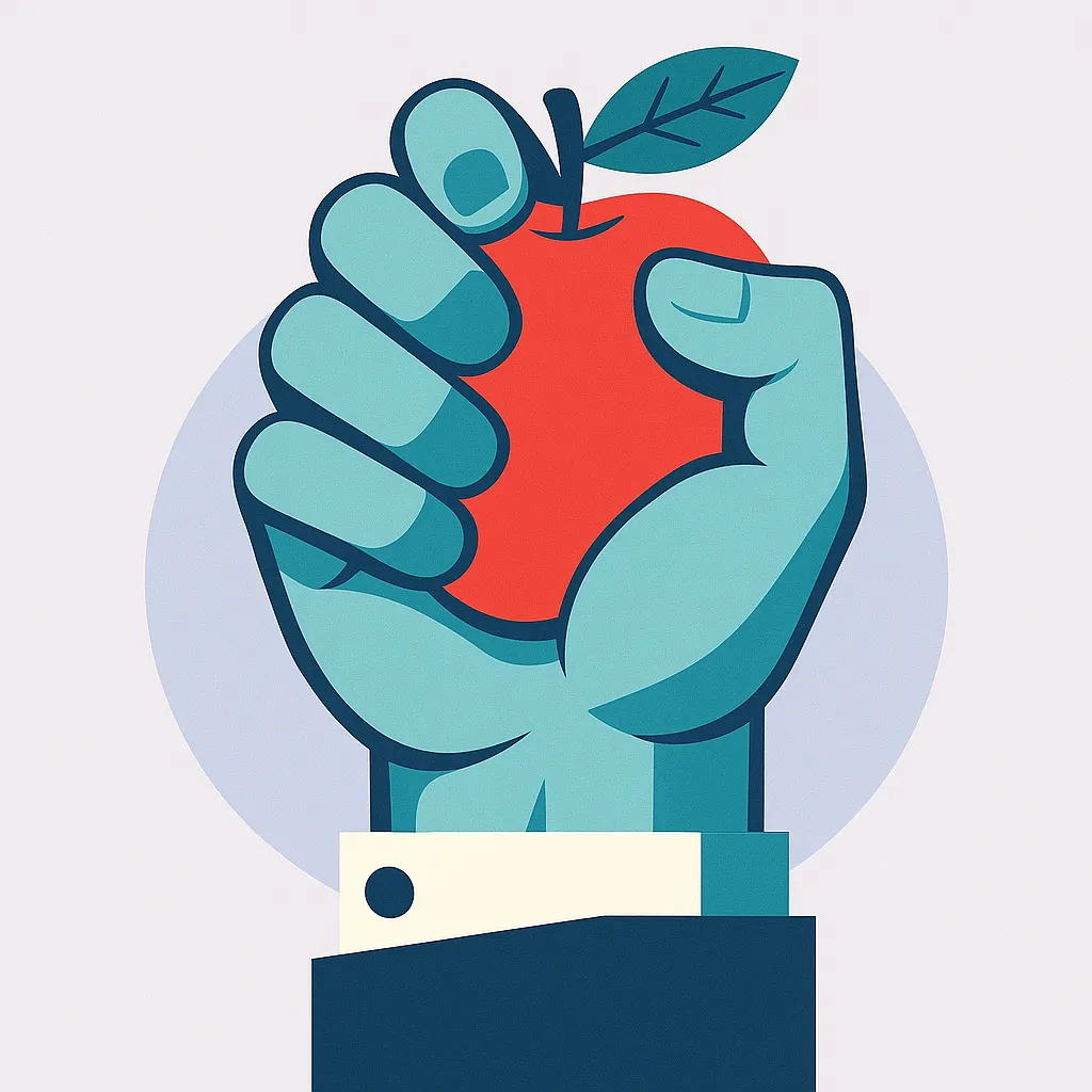 Metaphor of Jobs gripping Apple. It shows a corporate hand firmly gripping an apple.